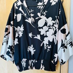 White House Black Market Black and White 3/4 Sleeve Smocked Blouse